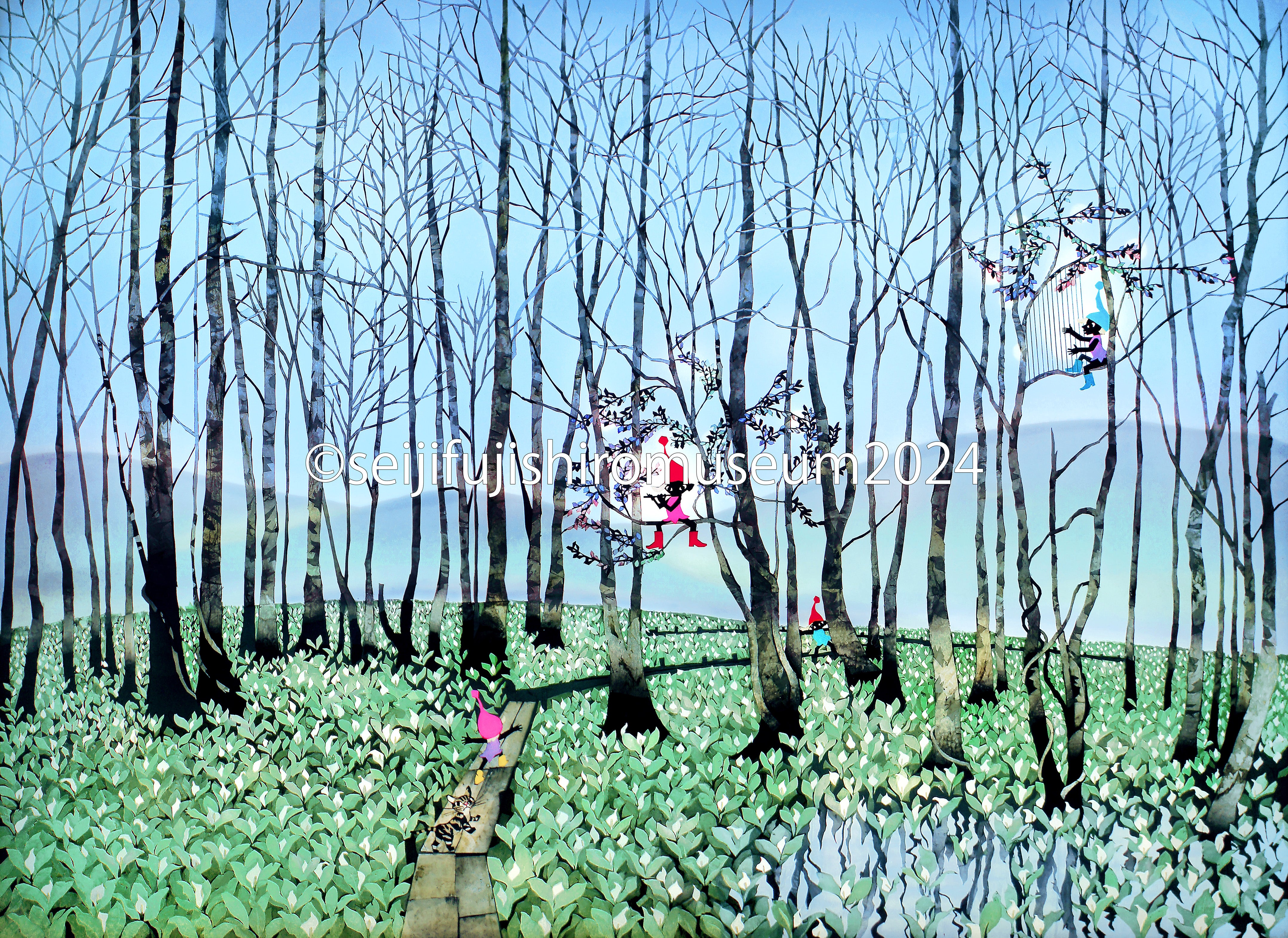 藤城清治 オフセットリト 湿原のミズバショウとこびと 額装 60 正方形 影絵 藤城清治 オフセットリト 湿原のミズバショウとこびと 額装 60