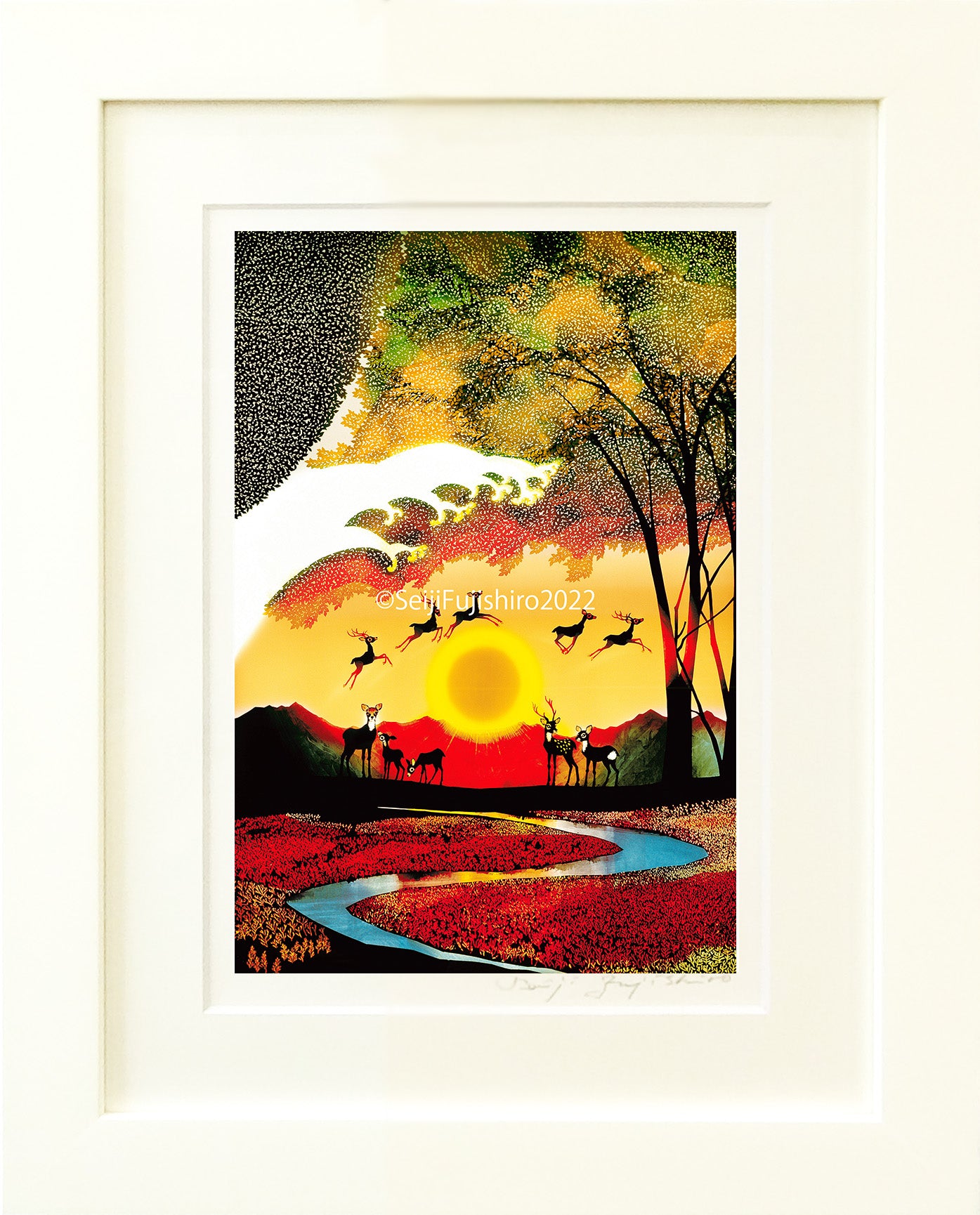 「夕日と鹿 色づくサンゴ草」FSM-284,285 ジクレー版画