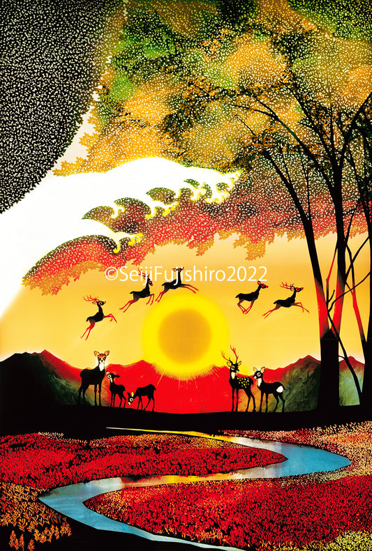 「夕日と鹿 色づくサンゴ草」FSM-284,285 ジクレー版画