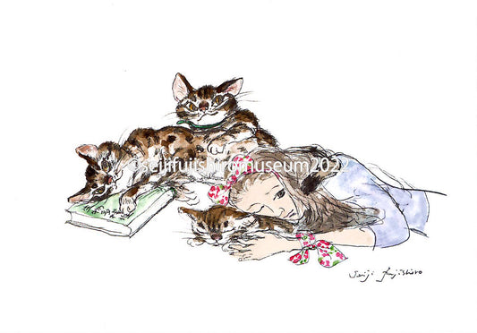 「三匹の愛猫と聖女」ポストカード