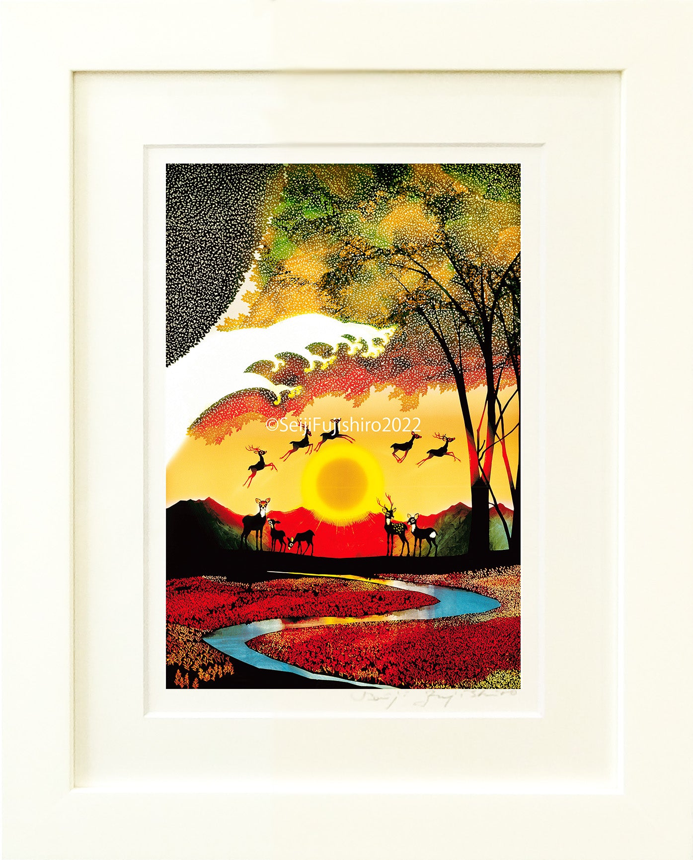 「夕日と鹿　色づくサンゴ草」FSM-284,285 ジクレー版画